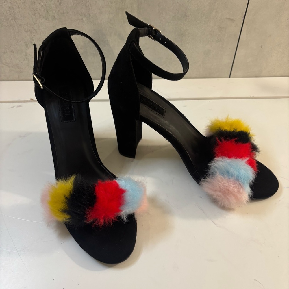 Forever 21 Barbie Core Black Heels with Multicolor Fur Accents Size 7.5